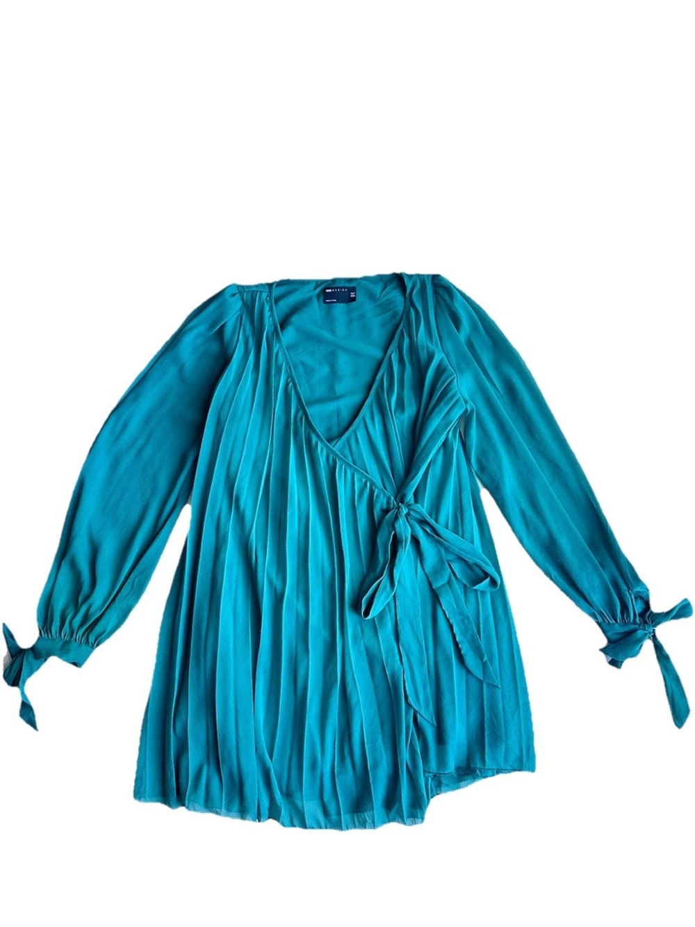 ASOS Teal Pleated Wrap Dress with Tie Sleeves